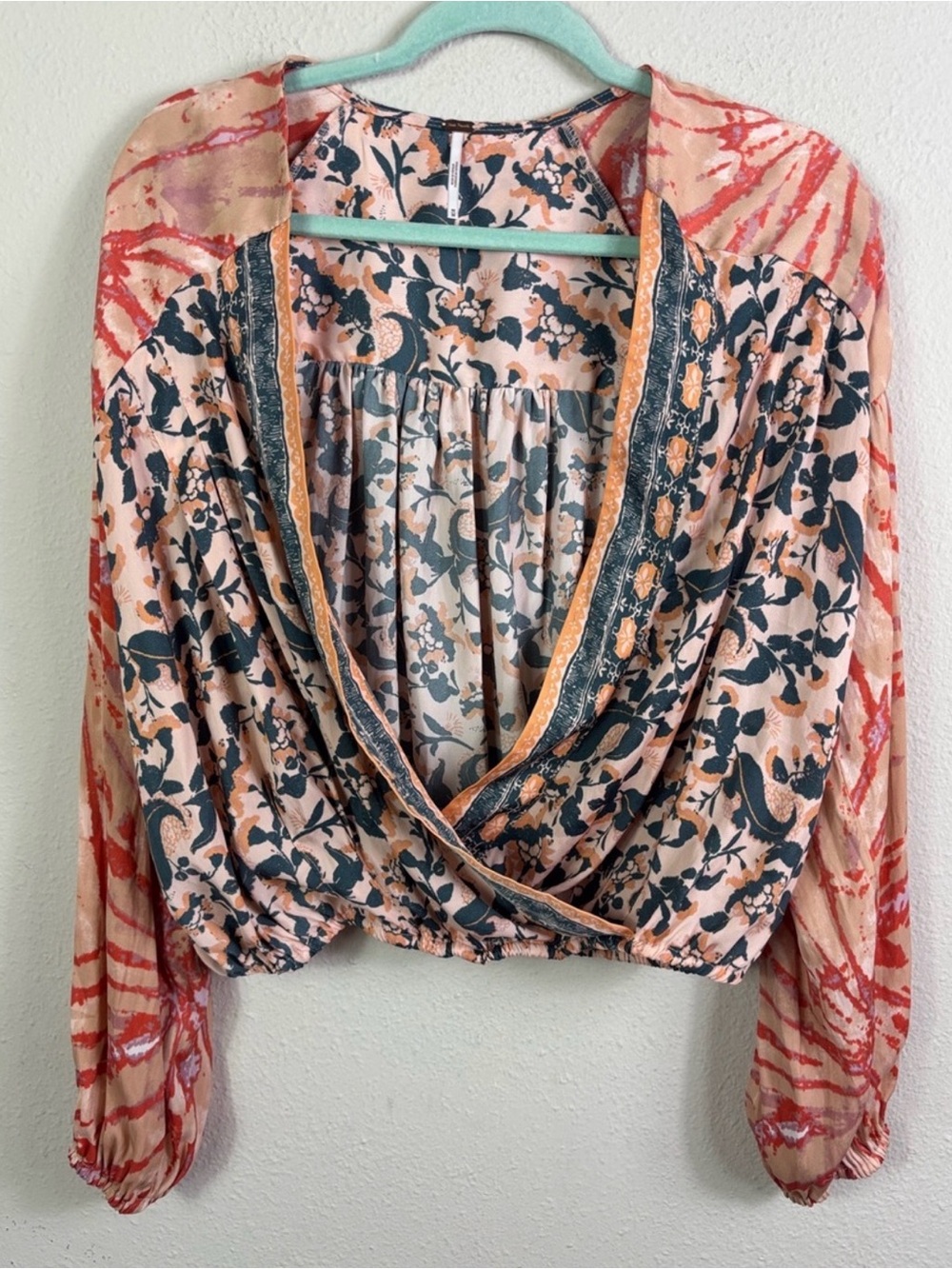 Free People Peach Printed Cropped Wrap Top with Lace Trim - Picture 2 of 4